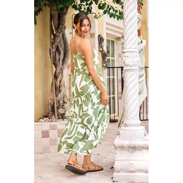 ECOWISH Women Sleeveless Maxi Dress Summer Spaghetti Strap Casual Loose Boho Beach Dress Asymmetric Tiered Flowy Long DressGreen