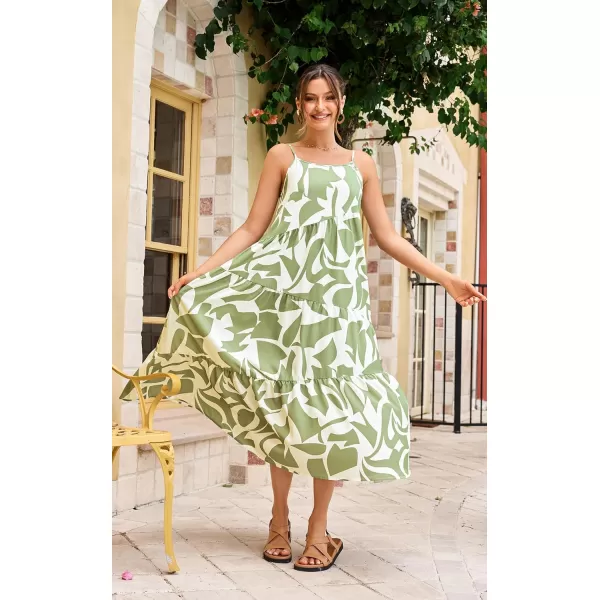 ECOWISH Women Sleeveless Maxi Dress Summer Spaghetti Strap Casual Loose Boho Beach Dress Asymmetric Tiered Flowy Long DressGreen