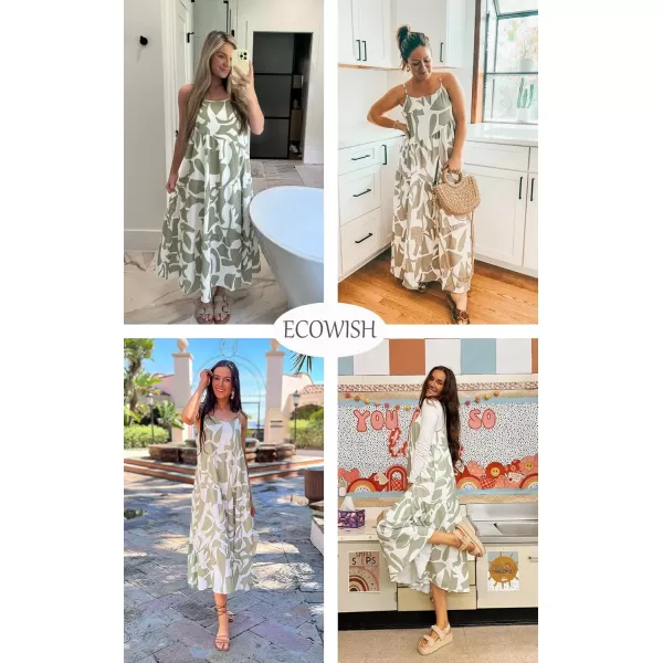 ECOWISH Women Sleeveless Maxi Dress Summer Spaghetti Strap Casual Loose Boho Beach Dress Asymmetric Tiered Flowy Long DressGreen