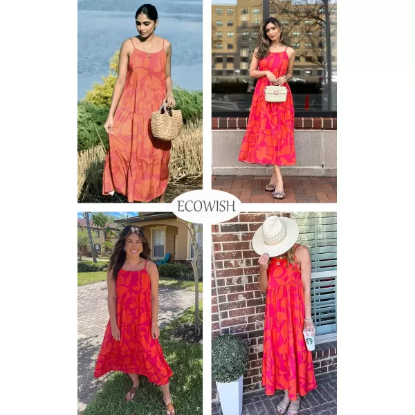 ECOWISH Women Sleeveless Maxi Dress Summer Spaghetti Strap Casual Loose Boho Beach Dress Asymmetric Tiered Flowy Long DressRose Red