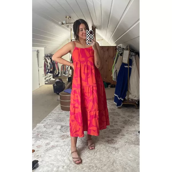 ECOWISH Women Sleeveless Maxi Dress Summer Spaghetti Strap Casual Loose Boho Beach Dress Asymmetric Tiered Flowy Long DressRose Red