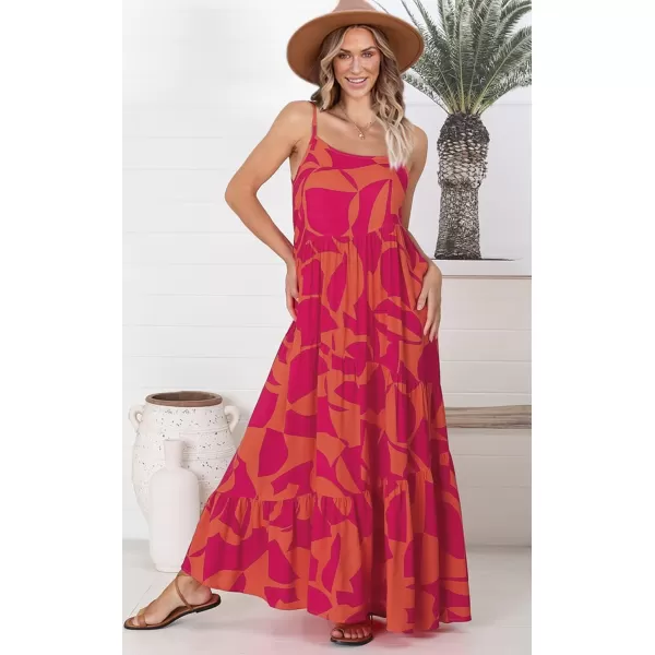 ECOWISH Women Sleeveless Maxi Dress Summer Spaghetti Strap Casual Loose Boho Beach Dress Asymmetric Tiered Flowy Long DressRose Red
