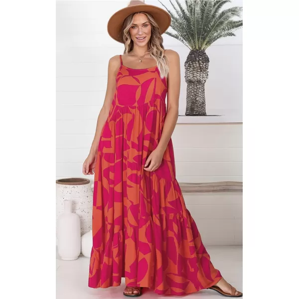 ECOWISH Women Sleeveless Maxi Dress Summer Spaghetti Strap Casual Loose Boho Beach Dress Asymmetric Tiered Flowy Long DressRose Red