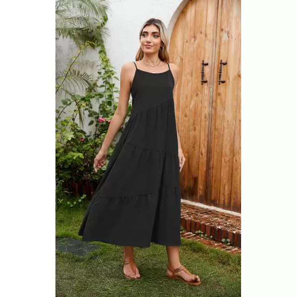 ECOWISH Women Sleeveless Maxi Dress Summer Spaghetti Strap Casual Loose Boho Beach Dress Asymmetric Tiered Flowy Long DressSolid Black