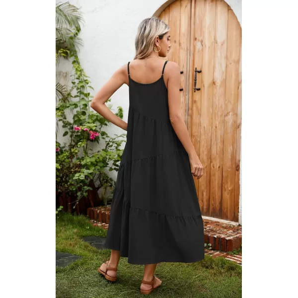 ECOWISH Women Sleeveless Maxi Dress Summer Spaghetti Strap Casual Loose Boho Beach Dress Asymmetric Tiered Flowy Long DressSolid Black