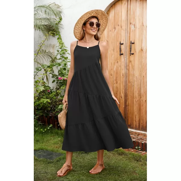 ECOWISH Women Sleeveless Maxi Dress Summer Spaghetti Strap Casual Loose Boho Beach Dress Asymmetric Tiered Flowy Long DressSolid Black