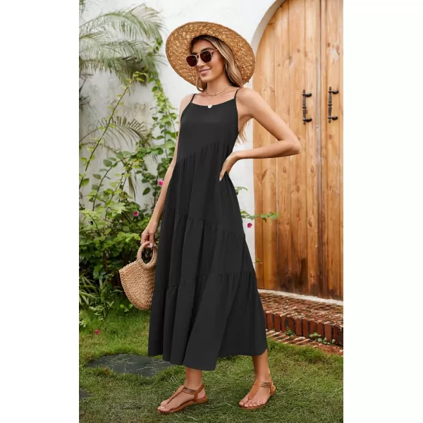 ECOWISH Women Sleeveless Maxi Dress Summer Spaghetti Strap Casual Loose Boho Beach Dress Asymmetric Tiered Flowy Long DressSolid Black