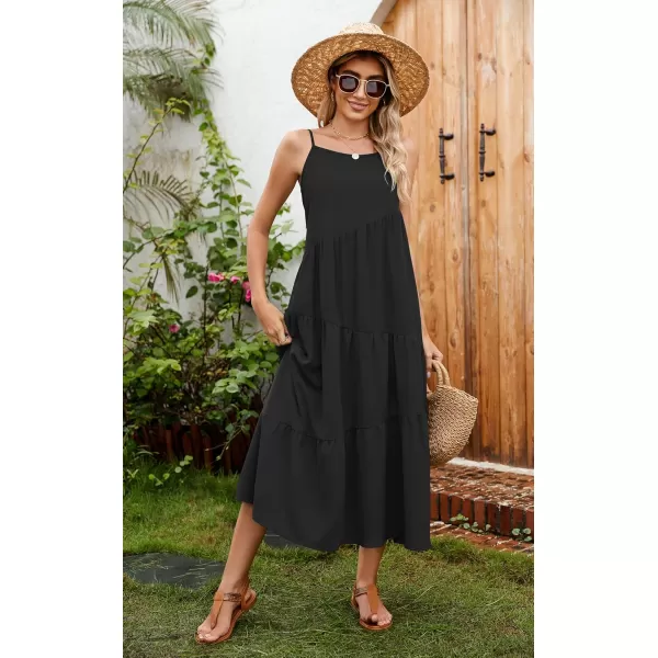 ECOWISH Women Sleeveless Maxi Dress Summer Spaghetti Strap Casual Loose Boho Beach Dress Asymmetric Tiered Flowy Long DressSolid Black