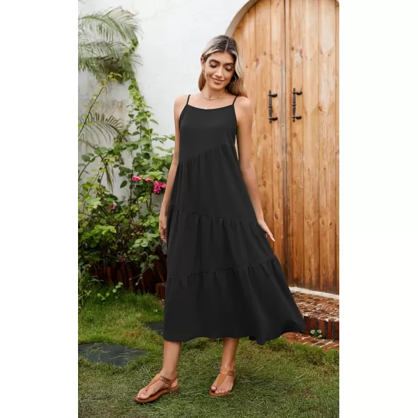 ECOWISH Women Sleeveless Maxi Dress Summer Spaghetti Strap Casual Loose Boho Beach Dress Asymmetric Tiered Flowy Long DressSolid Black