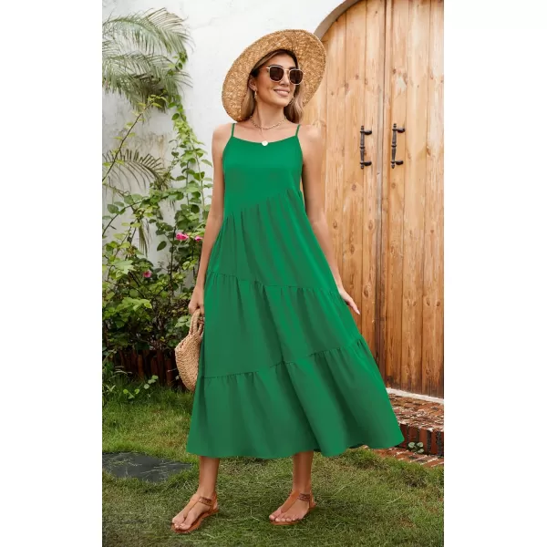 ECOWISH Women Sleeveless Maxi Dress Summer Spaghetti Strap Casual Loose Boho Beach Dress Asymmetric Tiered Flowy Long DressSolid Green
