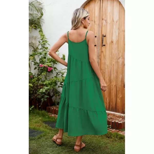 ECOWISH Women Sleeveless Maxi Dress Summer Spaghetti Strap Casual Loose Boho Beach Dress Asymmetric Tiered Flowy Long DressSolid Green