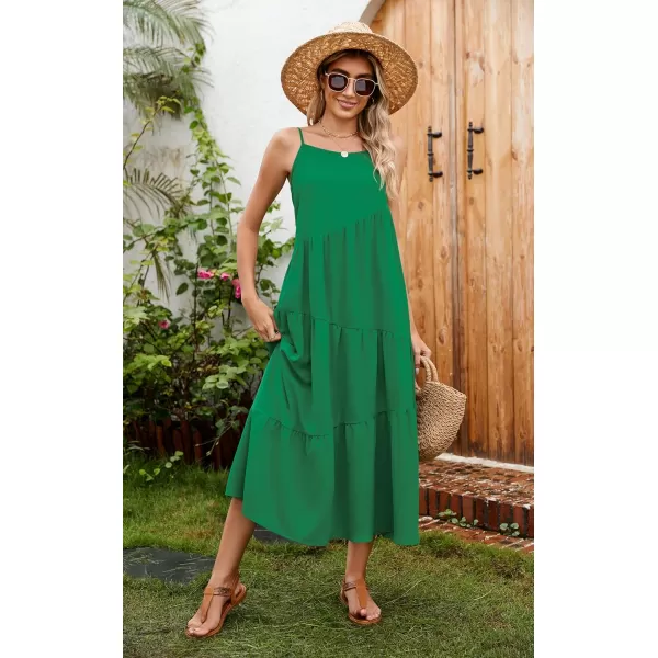 ECOWISH Women Sleeveless Maxi Dress Summer Spaghetti Strap Casual Loose Boho Beach Dress Asymmetric Tiered Flowy Long DressSolid Green