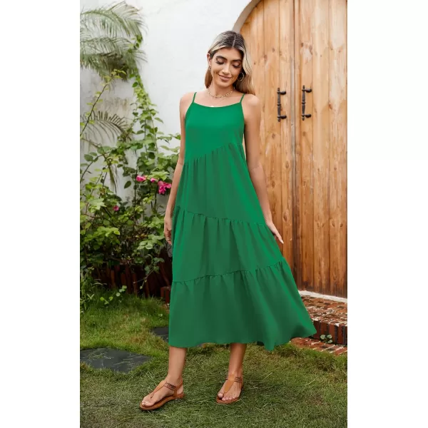 ECOWISH Women Sleeveless Maxi Dress Summer Spaghetti Strap Casual Loose Boho Beach Dress Asymmetric Tiered Flowy Long DressSolid Green
