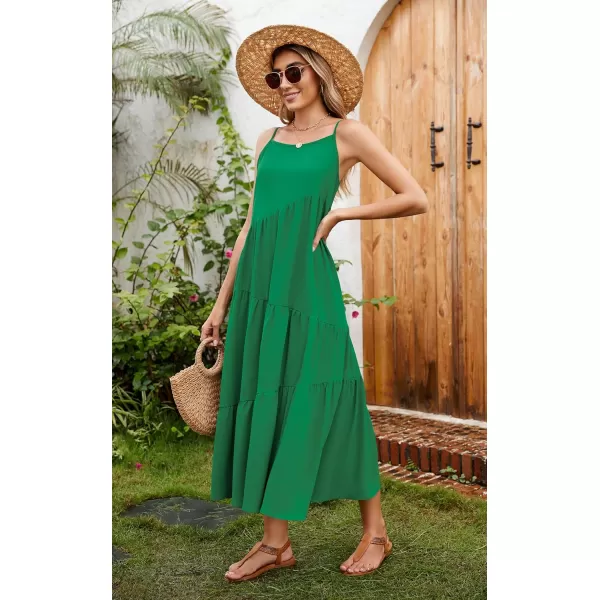 ECOWISH Women Sleeveless Maxi Dress Summer Spaghetti Strap Casual Loose Boho Beach Dress Asymmetric Tiered Flowy Long DressSolid Green