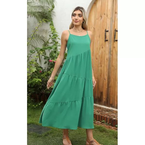 ECOWISH Women Sleeveless Maxi Dress Summer Spaghetti Strap Casual Loose Boho Beach Dress Asymmetric Tiered Flowy Long DressSolid Green
