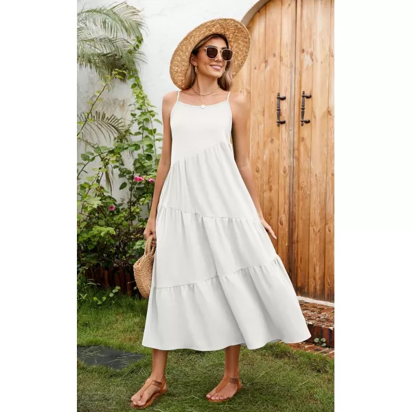 ECOWISH Women Sleeveless Maxi Dress Summer Spaghetti Strap Casual Loose Boho Beach Dress Asymmetric Tiered Flowy Long DressSolid White