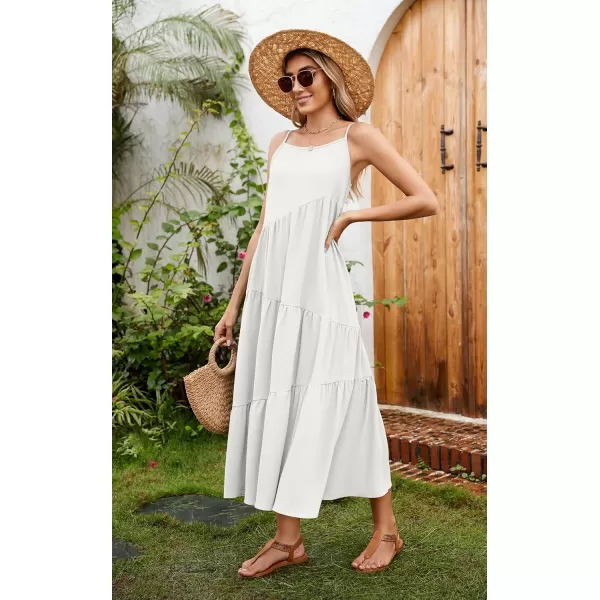 ECOWISH Women Sleeveless Maxi Dress Summer Spaghetti Strap Casual Loose Boho Beach Dress Asymmetric Tiered Flowy Long DressSolid White
