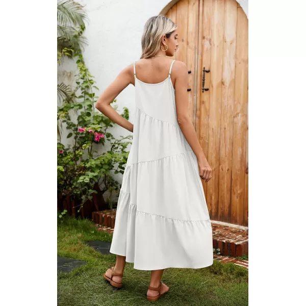 ECOWISH Women Sleeveless Maxi Dress Summer Spaghetti Strap Casual Loose Boho Beach Dress Asymmetric Tiered Flowy Long DressSolid White