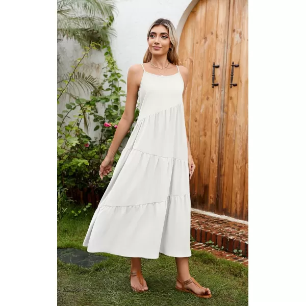 ECOWISH Women Sleeveless Maxi Dress Summer Spaghetti Strap Casual Loose Boho Beach Dress Asymmetric Tiered Flowy Long DressSolid White