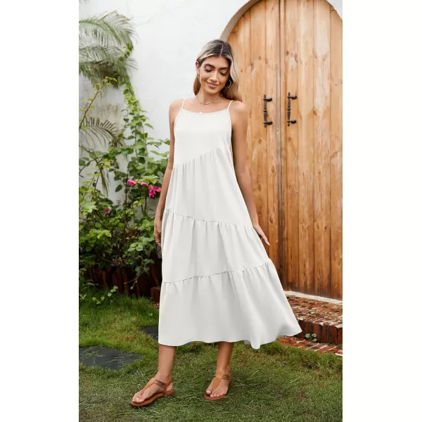 ECOWISH Women Sleeveless Maxi Dress Summer Spaghetti Strap Casual Loose Boho Beach Dress Asymmetric Tiered Flowy Long DressSolid White