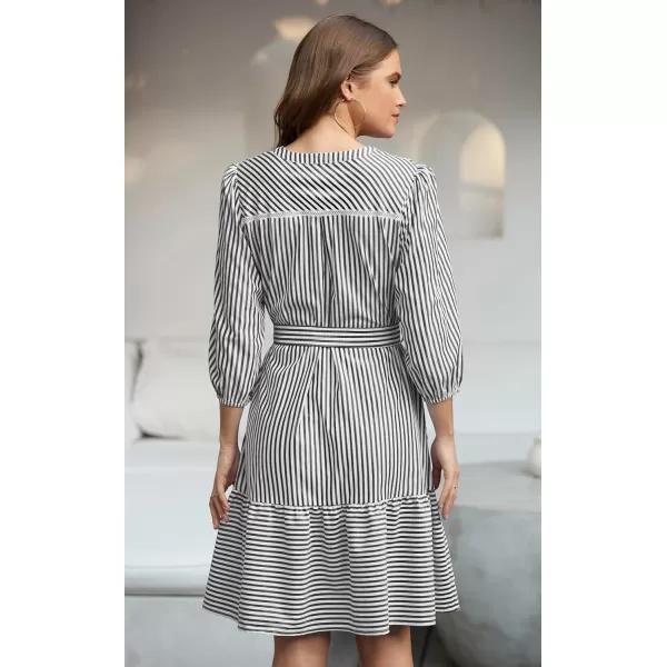ECOWISH Women Striped Shirts Dress Casual V Neck Button Down 34 Sleeve Belted Ruffle Flowy Midi Dress with PocketsBlack