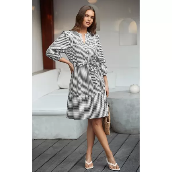 ECOWISH Women Striped Shirts Dress Casual V Neck Button Down 34 Sleeve Belted Ruffle Flowy Midi Dress with PocketsBlack