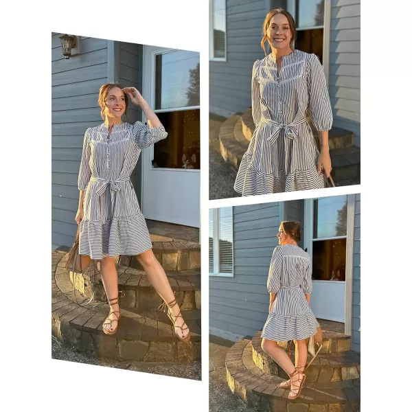 ECOWISH Women Striped Shirts Dress Casual V Neck Button Down 34 Sleeve Belted Ruffle Flowy Midi Dress with PocketsBlack