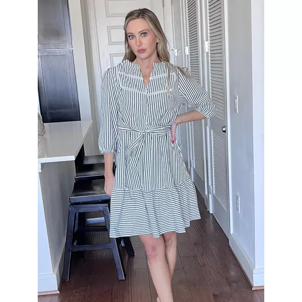 ECOWISH Women Striped Shirts Dress Casual V Neck Button Down 34 Sleeve Belted Ruffle Flowy Midi Dress with PocketsBlack