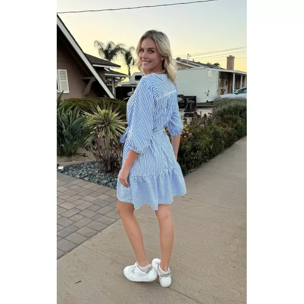 ECOWISH Women Striped Shirts Dress Casual V Neck Button Down 34 Sleeve Belted Ruffle Flowy Midi Dress with PocketsBlue