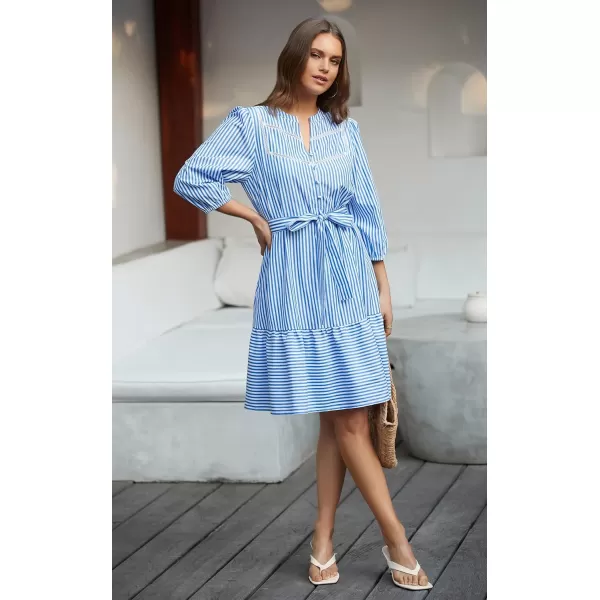 ECOWISH Women Striped Shirts Dress Casual V Neck Button Down 34 Sleeve Belted Ruffle Flowy Midi Dress with PocketsBlue