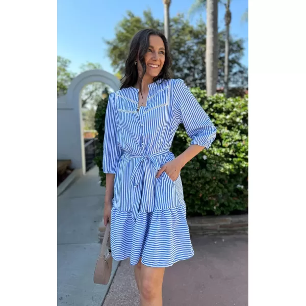 ECOWISH Women Striped Shirts Dress Casual V Neck Button Down 34 Sleeve Belted Ruffle Flowy Midi Dress with PocketsBlue