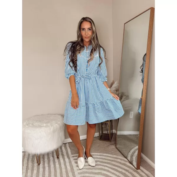 ECOWISH Women Striped Shirts Dress Casual V Neck Button Down 34 Sleeve Belted Ruffle Flowy Midi Dress with PocketsBlue