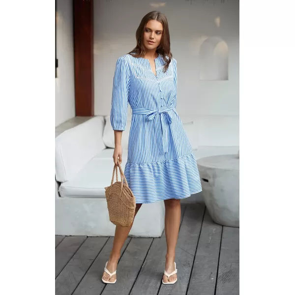 ECOWISH Women Striped Shirts Dress Casual V Neck Button Down 34 Sleeve Belted Ruffle Flowy Midi Dress with PocketsBlue