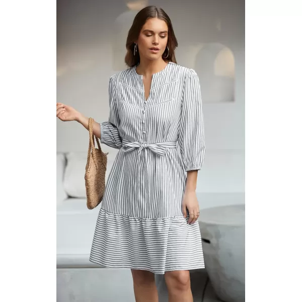 ECOWISH Women Striped Shirts Dress Casual V Neck Button Down 34 Sleeve Belted Ruffle Flowy Midi Dress with PocketsGrey