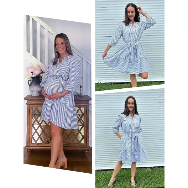 ECOWISH Women Striped Shirts Dress Casual V Neck Button Down 34 Sleeve Belted Ruffle Flowy Midi Dress with PocketsGrey
