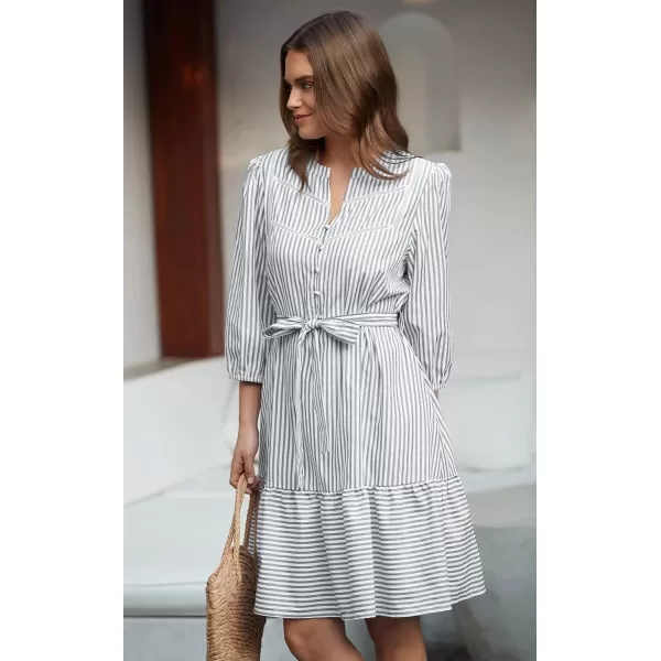 ECOWISH Women Striped Shirts Dress Casual V Neck Button Down 34 Sleeve Belted Ruffle Flowy Midi Dress with PocketsGrey
