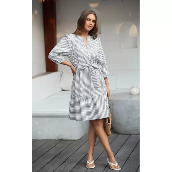 ECOWISH Women Striped Shirts Dress Casual V Neck Button Down 34 Sleeve Belted Ruffle Flowy Midi Dress with PocketsGrey