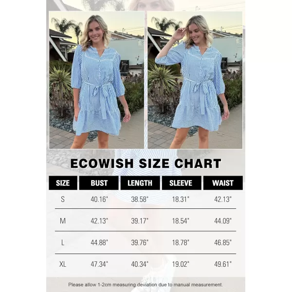 ECOWISH Women Striped Shirts Dress Casual V Neck Button Down 34 Sleeve Belted Ruffle Flowy Midi Dress with PocketsSky Blue