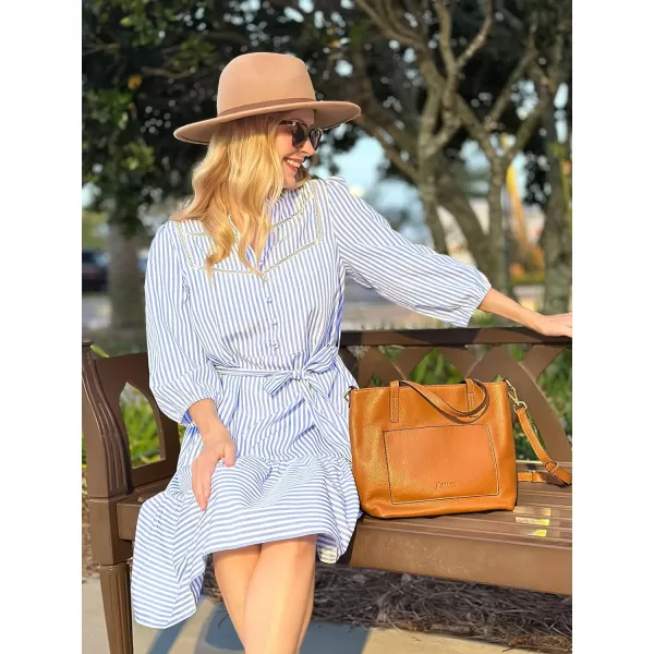ECOWISH Women Striped Shirts Dress Casual V Neck Button Down 34 Sleeve Belted Ruffle Flowy Midi Dress with PocketsSky Blue