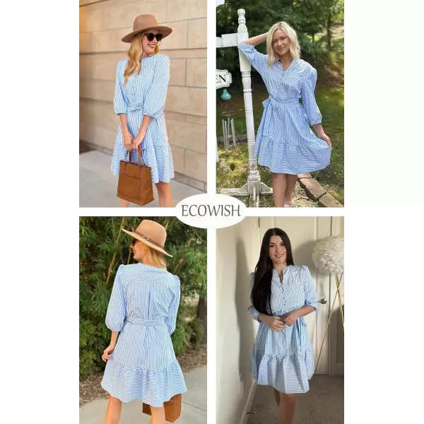 ECOWISH Women Striped Shirts Dress Casual V Neck Button Down 34 Sleeve Belted Ruffle Flowy Midi Dress with PocketsSky Blue