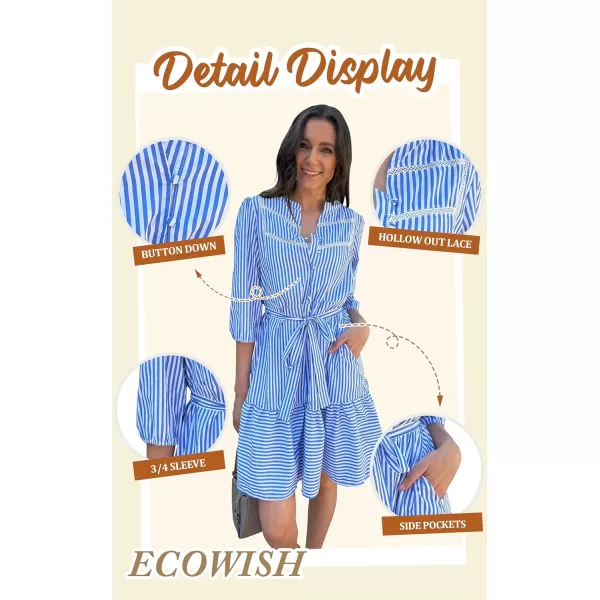 ECOWISH Women Striped Shirts Dress Casual V Neck Button Down 34 Sleeve Belted Ruffle Flowy Midi Dress with PocketsSky Blue