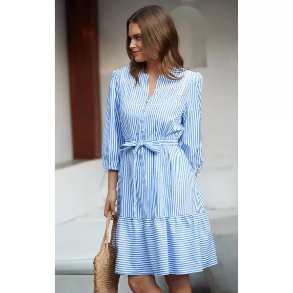 ECOWISH Women Striped Shirts Dress Casual V Neck Button Down 34 Sleeve Belted Ruffle Flowy Midi Dress with PocketsSky Blue