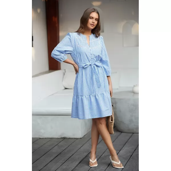 ECOWISH Women Striped Shirts Dress Casual V Neck Button Down 34 Sleeve Belted Ruffle Flowy Midi Dress with PocketsSky Blue