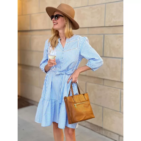 ECOWISH Women Striped Shirts Dress Casual V Neck Button Down 34 Sleeve Belted Ruffle Flowy Midi Dress with PocketsSky Blue