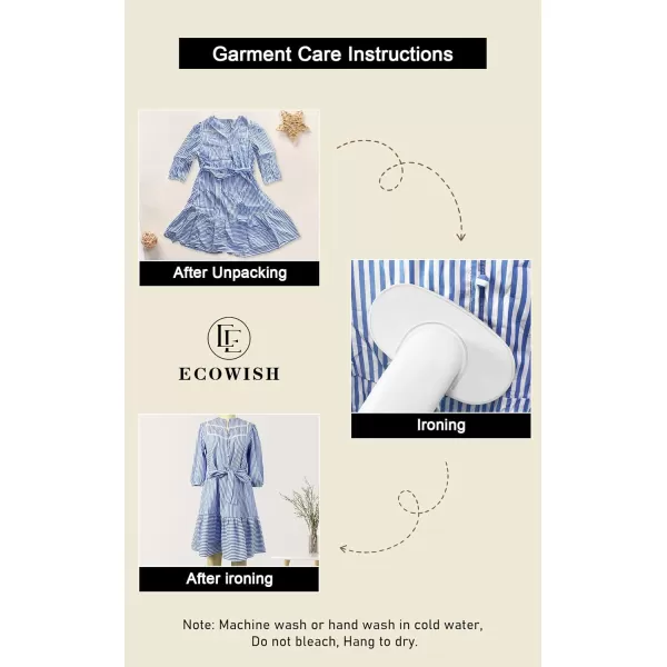 ECOWISH Women Striped Shirts Dress Casual V Neck Button Down 34 Sleeve Belted Ruffle Flowy Midi Dress with PocketsSky Blue