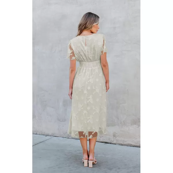 ECOWISH Women Summer Casual Dress  V Neck Flutter Short Sleeve Formal Wedding Guest Cocktail Smocked Midi DressesBeige