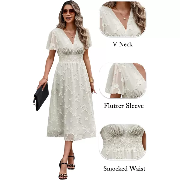 ECOWISH Women Summer Casual Dress  V Neck Flutter Short Sleeve Formal Wedding Guest Cocktail Smocked Midi DressesBeige