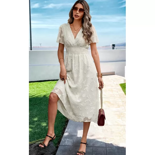 ECOWISH Women Summer Casual Dress  V Neck Flutter Short Sleeve Formal Wedding Guest Cocktail Smocked Midi DressesBeige