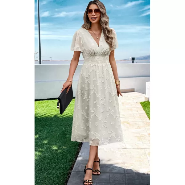 ECOWISH Women Summer Casual Dress  V Neck Flutter Short Sleeve Formal Wedding Guest Cocktail Smocked Midi DressesBeige