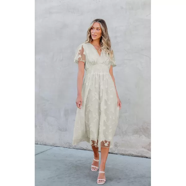 ECOWISH Women Summer Casual Dress  V Neck Flutter Short Sleeve Formal Wedding Guest Cocktail Smocked Midi DressesBeige